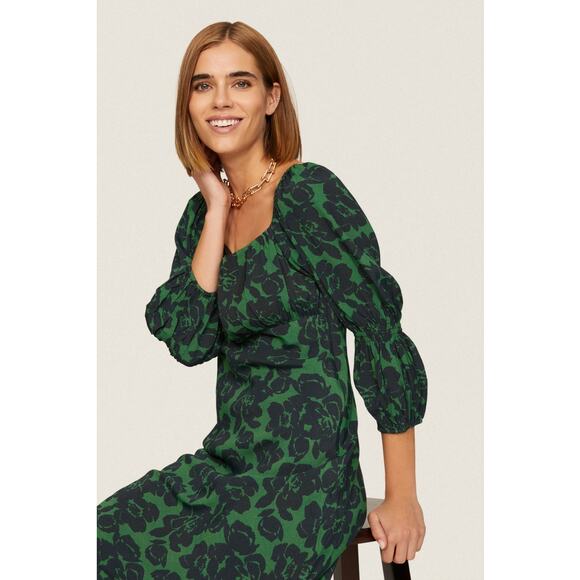 Peter Som Green Floral Print Crepe Long Sleeve Square Neck Midi Dress Size 6 - Picture 4 of 16